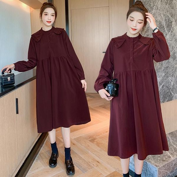 

maternity dresses 1903# cotton corduroy long dress button open for nursing elegant loose clothes pregnant women pregnancy feeding, White