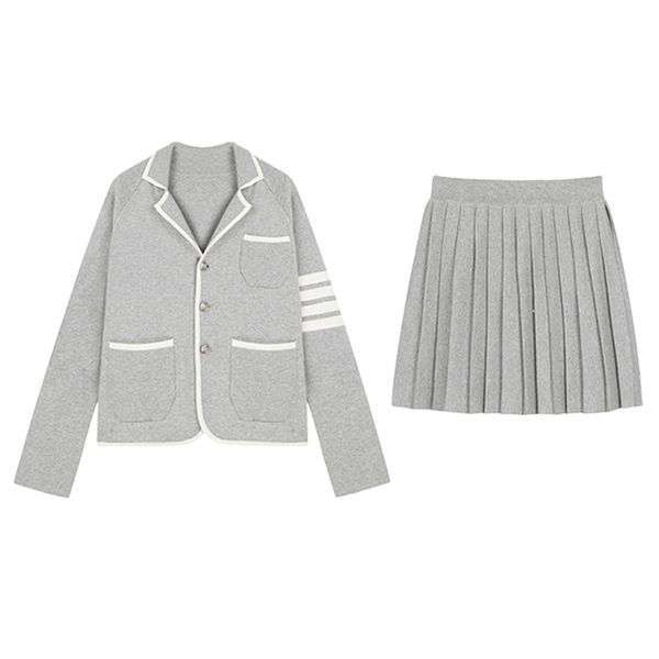 

women knitted blue pink gray two pieces set pleated skirt cardigan chic elegant t0446 210514, White
