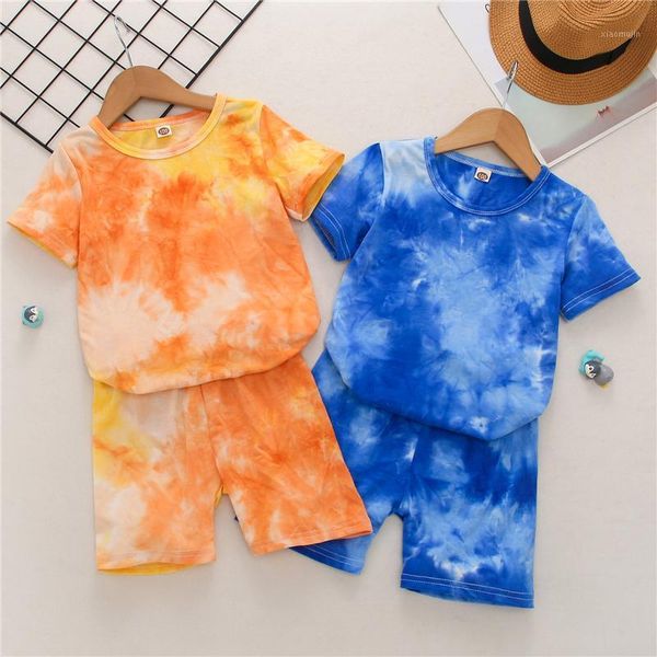 

clothing sets 2021 kids suit set tracksuit fashion summer flower tie-dyed round neck short sleeve t-shirt+ shorts for boys children's, White