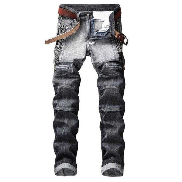 

men's pants gray denim jeans moto biker slim male pleated stretch long jean large size patchwork 4y0o, Black
