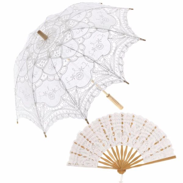 

other accessories battenburg lace parasol and fan sun umbrella set bride size vintage, White