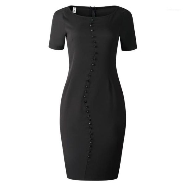 

casual dresses office lady short sleeve pencil work dress black plus size slim buttons bodycon vintage elegant party vestidos1, Black;gray
