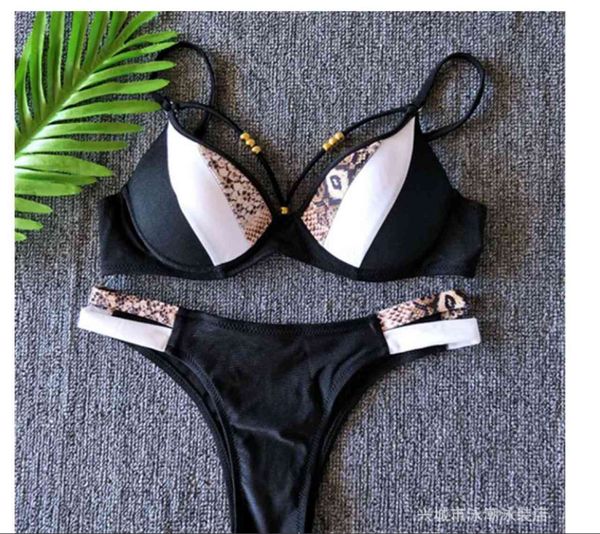

2021 new printed split swimsuit bikini, White;black