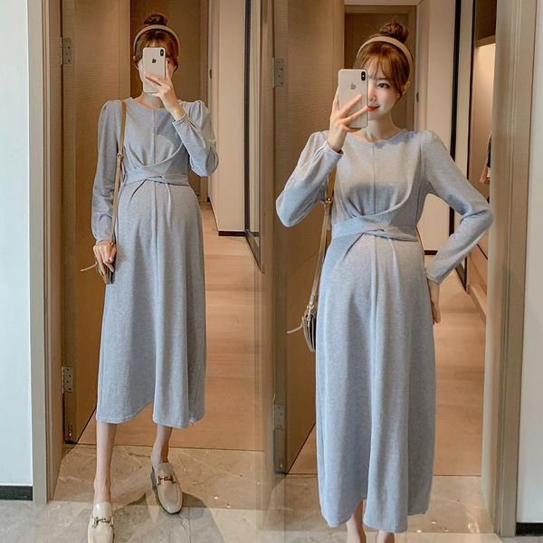

maternity dresses 6838# autumn korean fashion long dress elegant across a line slim waist clothes for pregnant women pregnancy clothing, White