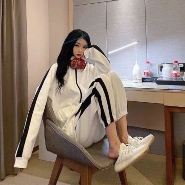 

2021 autumn korean loose long sve suit female student foot bound sports leisure two-piece set, Gray
