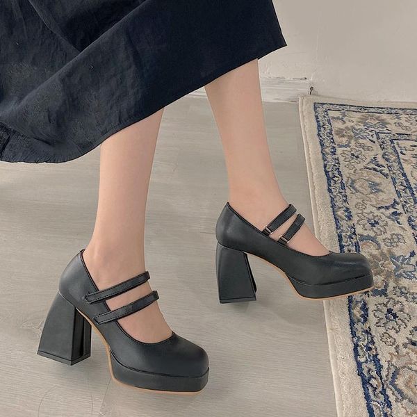 

design fashion mary jane shoes elegant women single platform strap party pumps thick high heels 9cm dress, Black