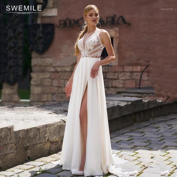 

other wedding dresses swemile split lace a line beach boho gowns bridal button illusion back dressesvrobe de soirée mariage1, White