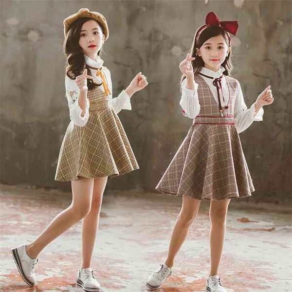 

summer children sets casual long sleeve print floral t-shirt sleeveless plaid dresses 2pcs girls clothes 3-12t 210629, White