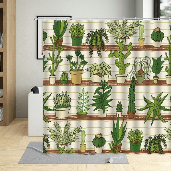 

shower curtains cartoons cactus waterproof bathroom decor screen succulents green plant curtain polyester fabric with 12 hooks