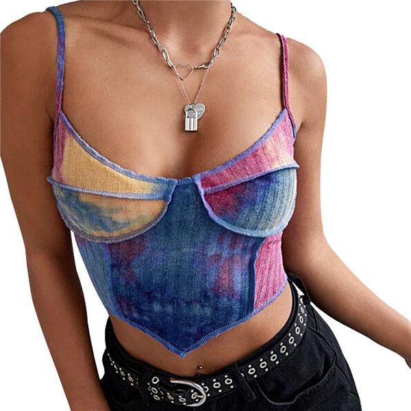 

women's tanks & camis 2021 tie dye print summer camisoles fashion sleeveless spaghetti strap v neck rib knit stitch crop cami, White