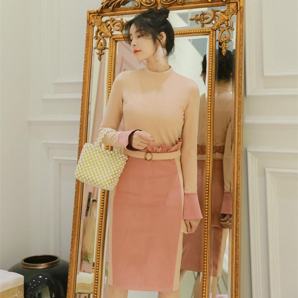 

casual dresses plus size autumn winter pink bodycon wrap dress women stand patchwork contrast midi tight long sleeve, Black;gray