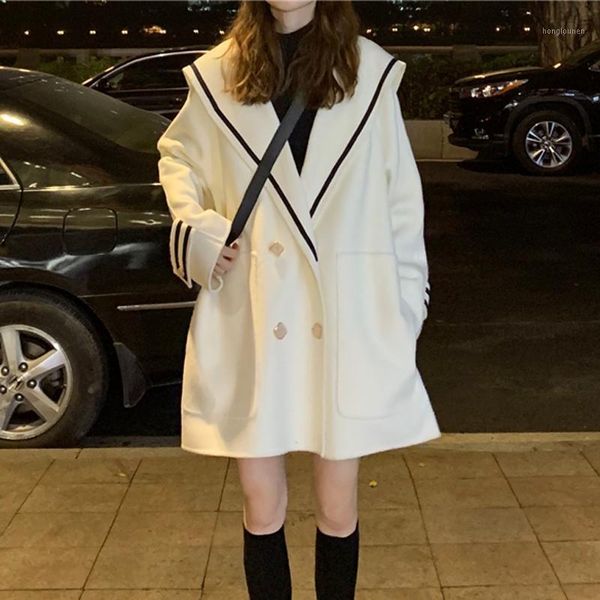 

men's jackets autumn female mid-long korean style women solid warm outerwear lady faux wool coats navy lapel woolen coat, Black;brown