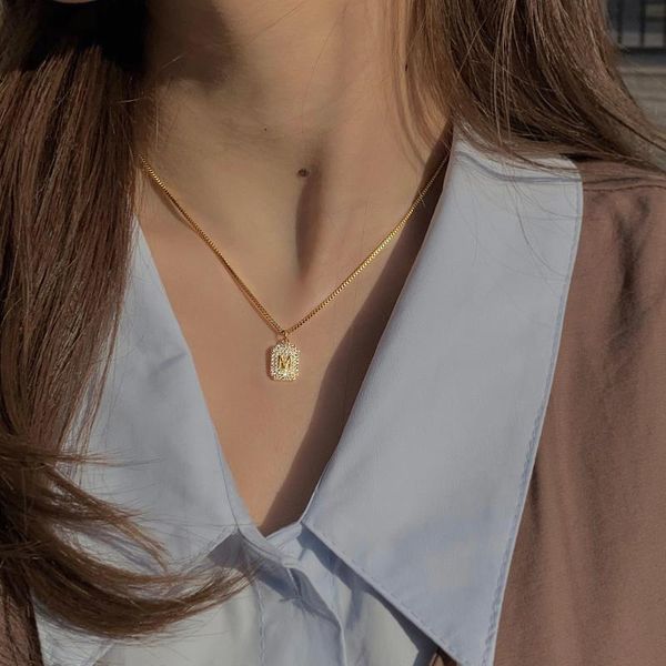 

pendant necklaces 2021 shiny zircon m letter square necklace for woman korean fashion jewelry wedding party girl's clavicle chain, Silver