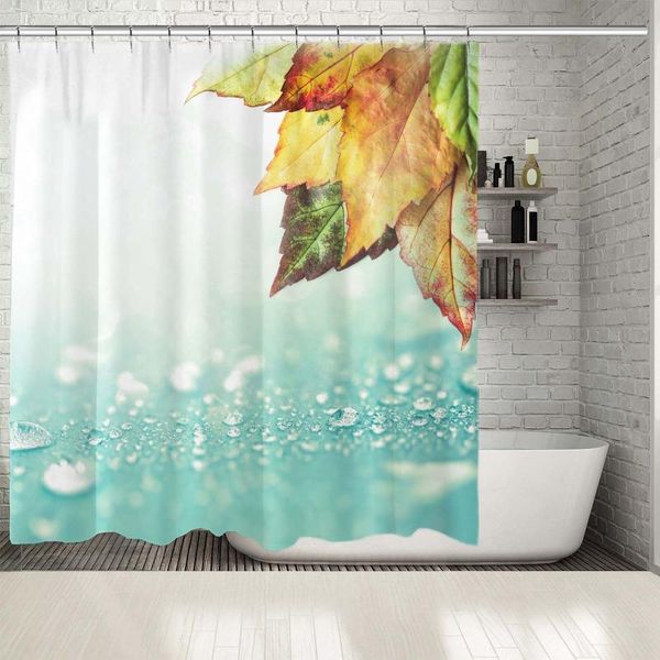 

shower curtains curtain the autumn leaves and rain water drops nature seasonal romantic scene printed blue brown green