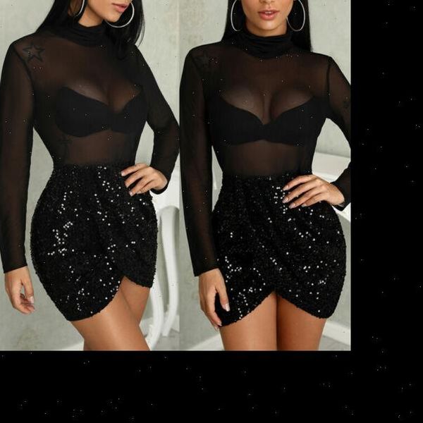

bandage bodycon long sleeve women dresses evening party club wear see through short mini dress, Black;gray