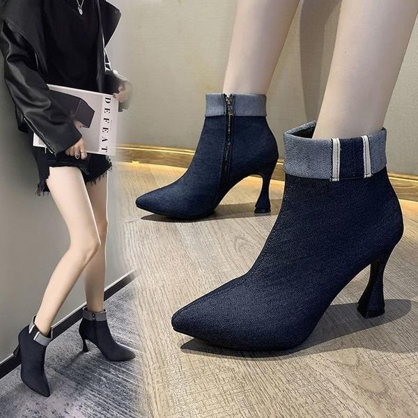 

boots denim women 2021 autumn ankle for shoes woman thin heel zipper casual female ladies botas mujer, Black