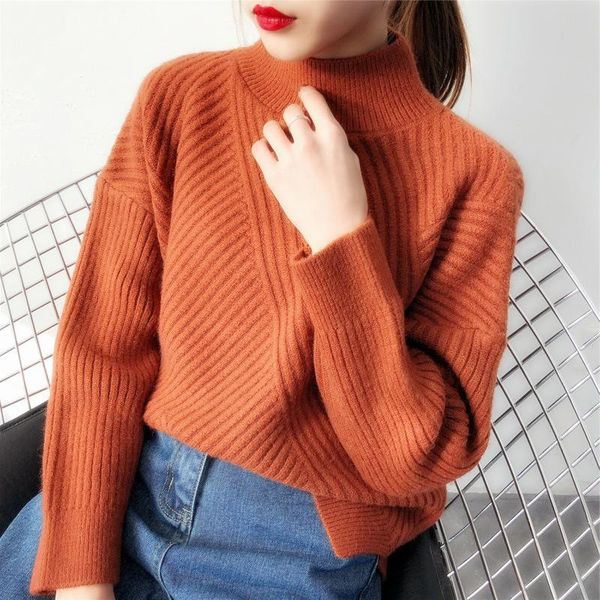 

women's sweaters sweater,women's half turtleneck sweater, loose-fit crew neck solid color versatile diagonal stripes base shirt, White;black