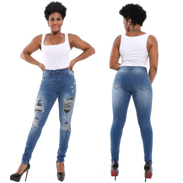 

women's jeans womens stretch skinny ripped hole washed denim female slim jeggings high waist pencil pants trousers, Blue