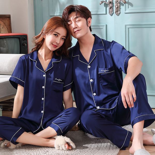 

navy blue couples pajama summer short sleeve silk satin sleepwear pyjamas men and women match lovers lounge pajamas set, Black;red