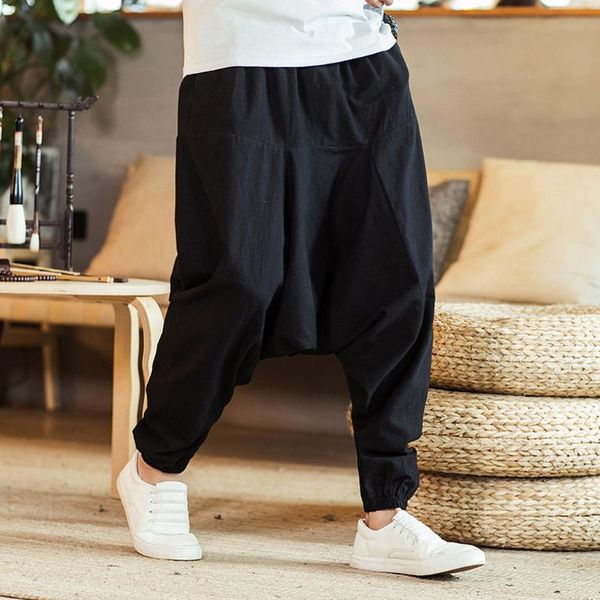 

men's pants womail 2021 harem casual fashion loose pure color hip hop style cotton and linen length pant w30611, Black