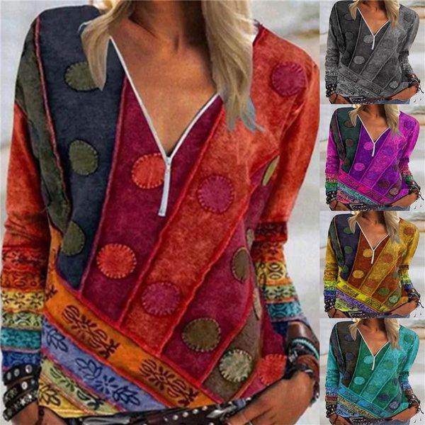 

women's t-shirt harajuku vintage oversized retro print long sleeve zip v-neck casual pullover woman tshirts, White