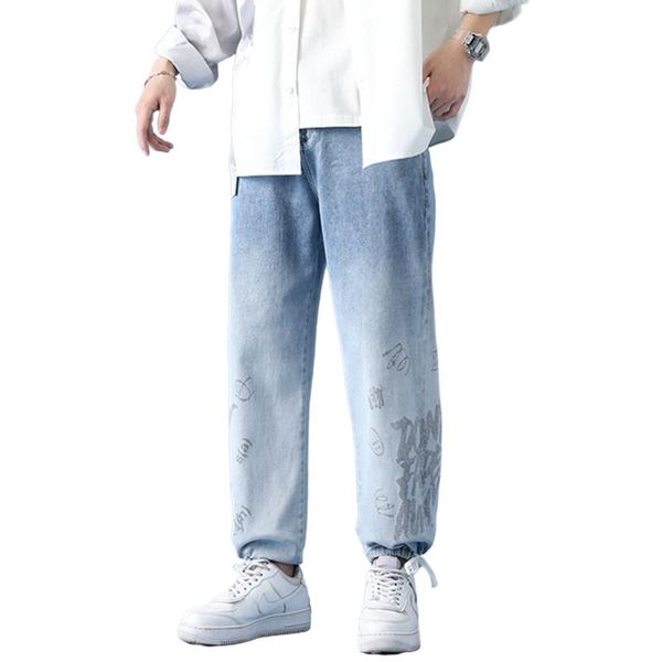 

men's jeans spring autumn japanese style straight-leg casual 2021 classic harajuku printed trousers brand pants, Blue