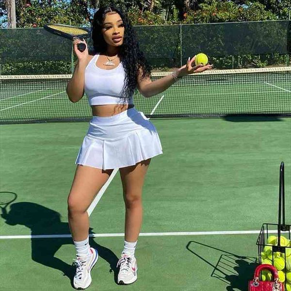 

solid 2 two piece set women tracksuit halter crop pleated skirt sets summer vacation outfits femme streetwear, Gray