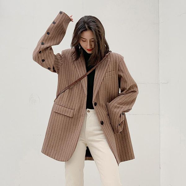 

women's suits & blazers autumn striped thick wool blazer women woolen suit jacket long loose casual feminino, White;black