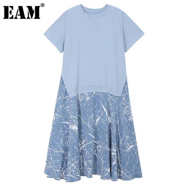 

[eam] women blue pattern printed big size long dress round neck short sleeve loose fit fashion spring summer 1dd8708 21512, Black;gray