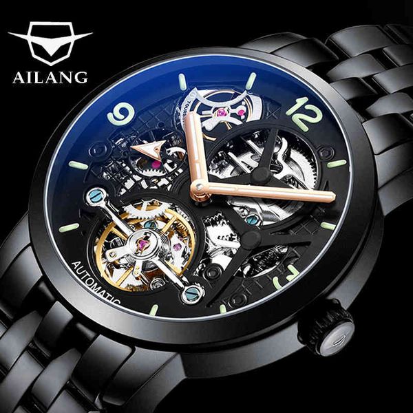 

ailang men automatic stainless steel black mechanical watch hollow luminescent luxury skeleton gentlemen watches 6811a, Slivery;brown