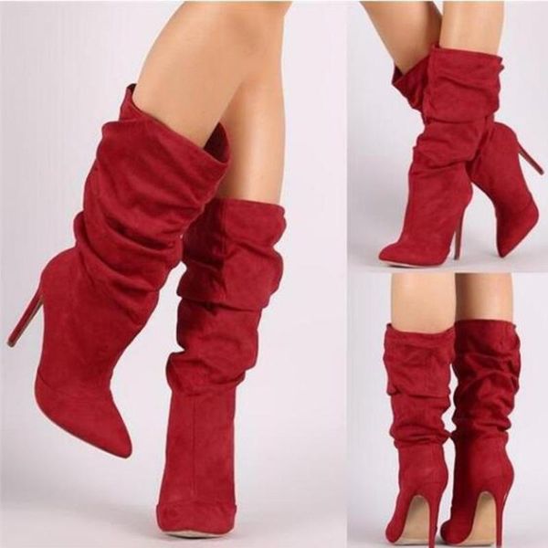 

women pleated mid calf boots woman 2021 thin high heels women's pointed toe pumps ladies party shoe female winter plus size, Black