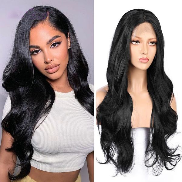 

synthetic wigs 180% density 26 inch long body wave natural black lace front wig for women babyhair preplucked daily cosplay