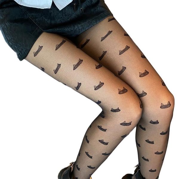 

socks & hosiery women gothic punk transparent pantyhose kawaii cartoon black cat patterned sheer tights harajuku jacquard lolita cospla, Black;white