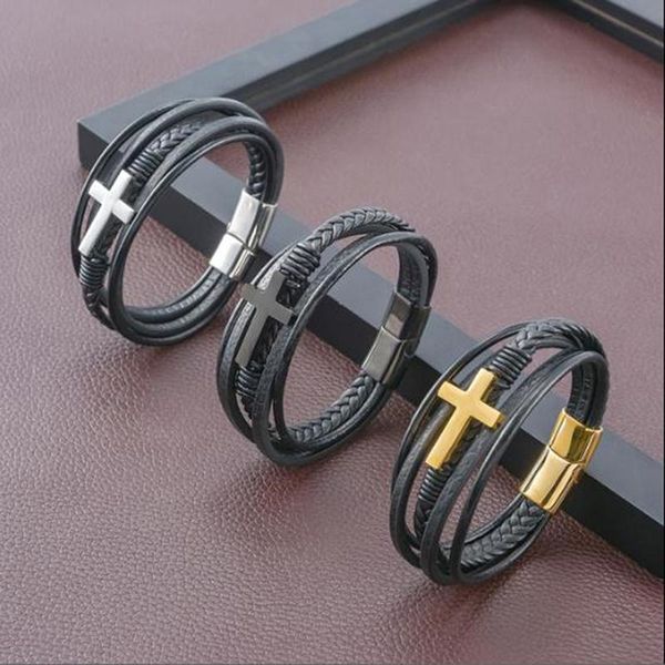 

charm bracelets luxury cross design classic stainless steel men's leather bracelet 21cm, Golden;silver