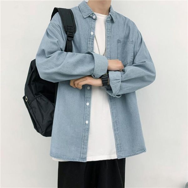 

men's casual shirts harajuku style denim shirt spring and autumn long-sleeved hong kong loose trend jacket button up, White;black