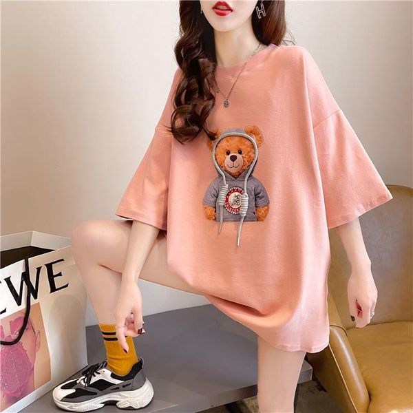 

women's t-shirt 2021 spring summer cartoon 3d bear white short sleeve loose and thin mid long half fashion