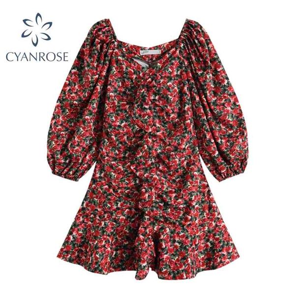 

spring french retro dress women lantern sleeve floral print frocks female ruffles spliced elegant crop lady 210430, Black;gray