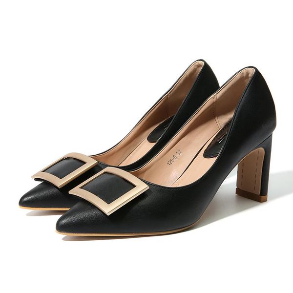 

dress shoes nis women pointed toe pumps, black/pink/beige square metal 7.5cm high heels shoes, office elegant ladies slip on