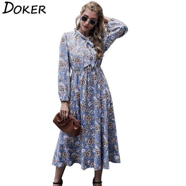 

women floral print midi dress autumn fashion bow collar long sleeve party elegant ladies dresses plus size casual long dress 210423, Black;gray