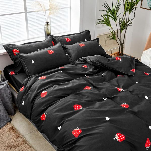 

twin  king size nordic cartoon black strawberry bedspread on the bed linen children duvet cover sheet bedding set sets