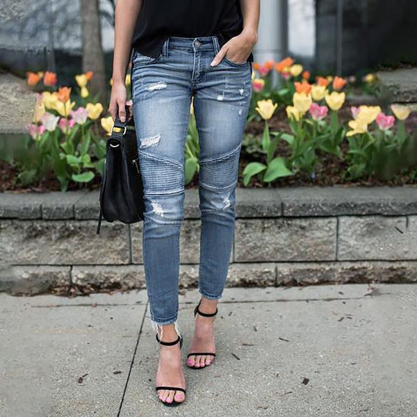 

women's pants & capris street hip hop womens plus size jeans streetwear retro high waist straight blue slim pencil hole jean #t3g, Black;white