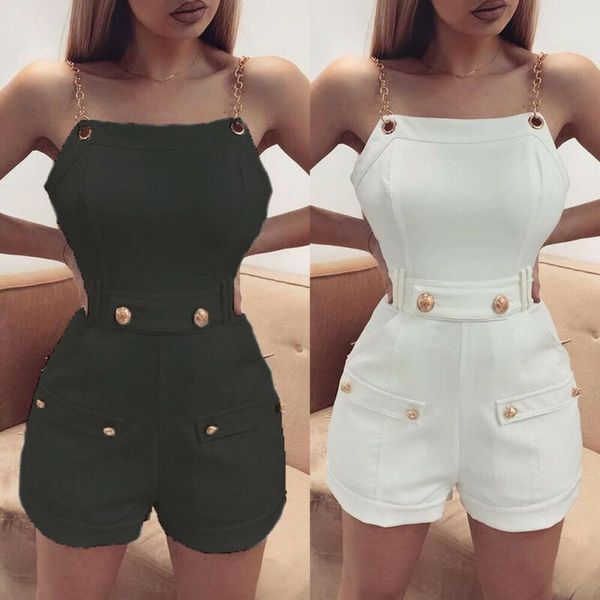 

women's jumpsuits & rompers casual sleeveless square neck button playsuit slim summer shorts overalls jumpsuit, Black;white
