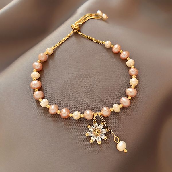 

xianlan610 baroque natural pearl bracelet female ins niche design crystal daisy flower girl's friend's bracelet, Silver