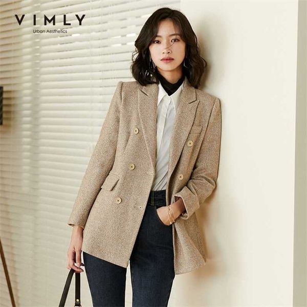 

vimly women's blazer retro double breasted solid wool jackets autumn winter notched work wear coats lady outwear f3125 211021, Black