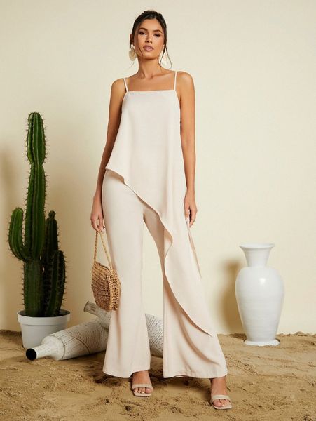 

asymmetrical hem cami & wide leg pants y15d#, White