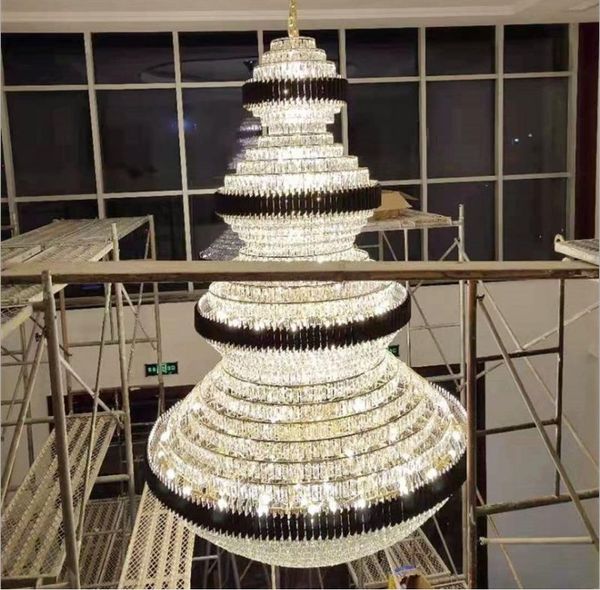 Top Luxuskristall Treppe Kronleuchter Beleuchtung Villa Lobby Hotel Große Dekoration Hängende Lampen Schwarz Edelstahl Licht