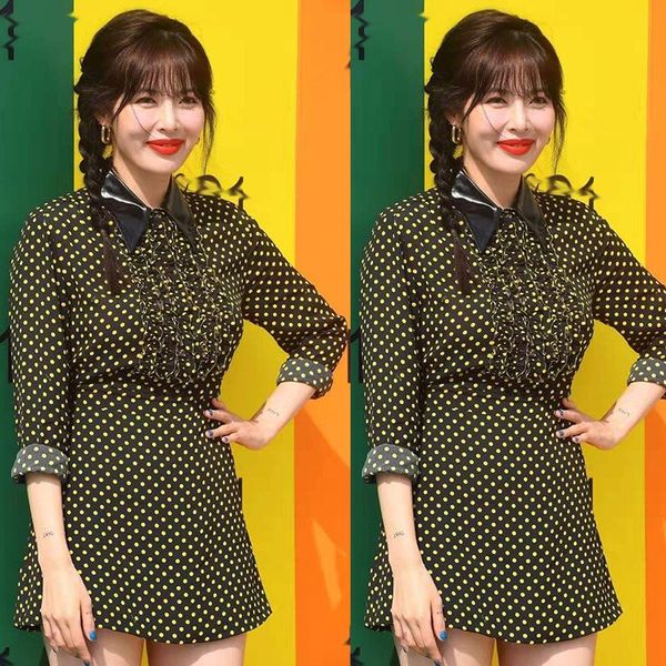 

casual dresses kpop 4minute kim hyun a temperament fashion 2021 autumn dress women korean streetwear lapel high waist female, Black;gray