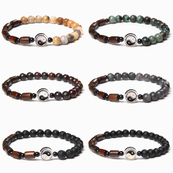 

beaded, strands yin yang bracelets men natural healing balance energy crazy agat african turquois stone beads bangle taiji charm pulsera wom, Black