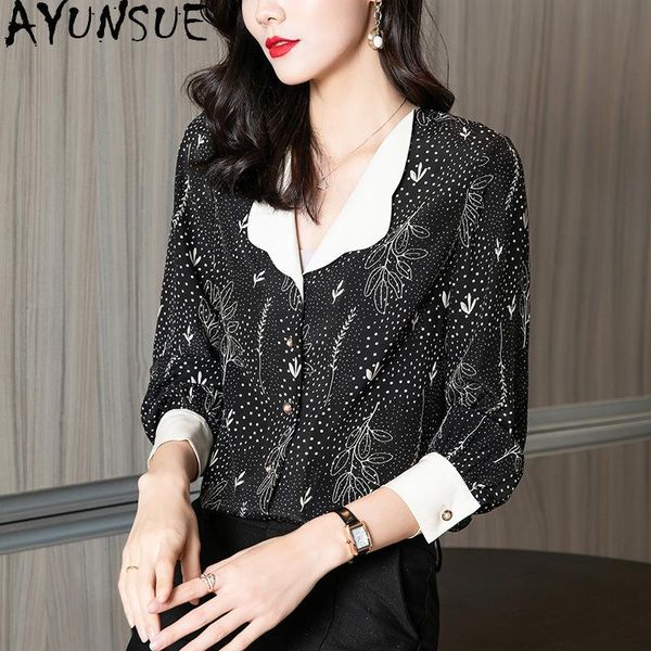

100% silk blouse floral shirt women korean style female button up shirts spring 2021 blusas mujer 14 women's blouses &, White