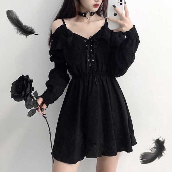 

party dresses feminine plus size lace up black autumn 2021 high waist female dress off the shoulder long sleeve gothic, White;black